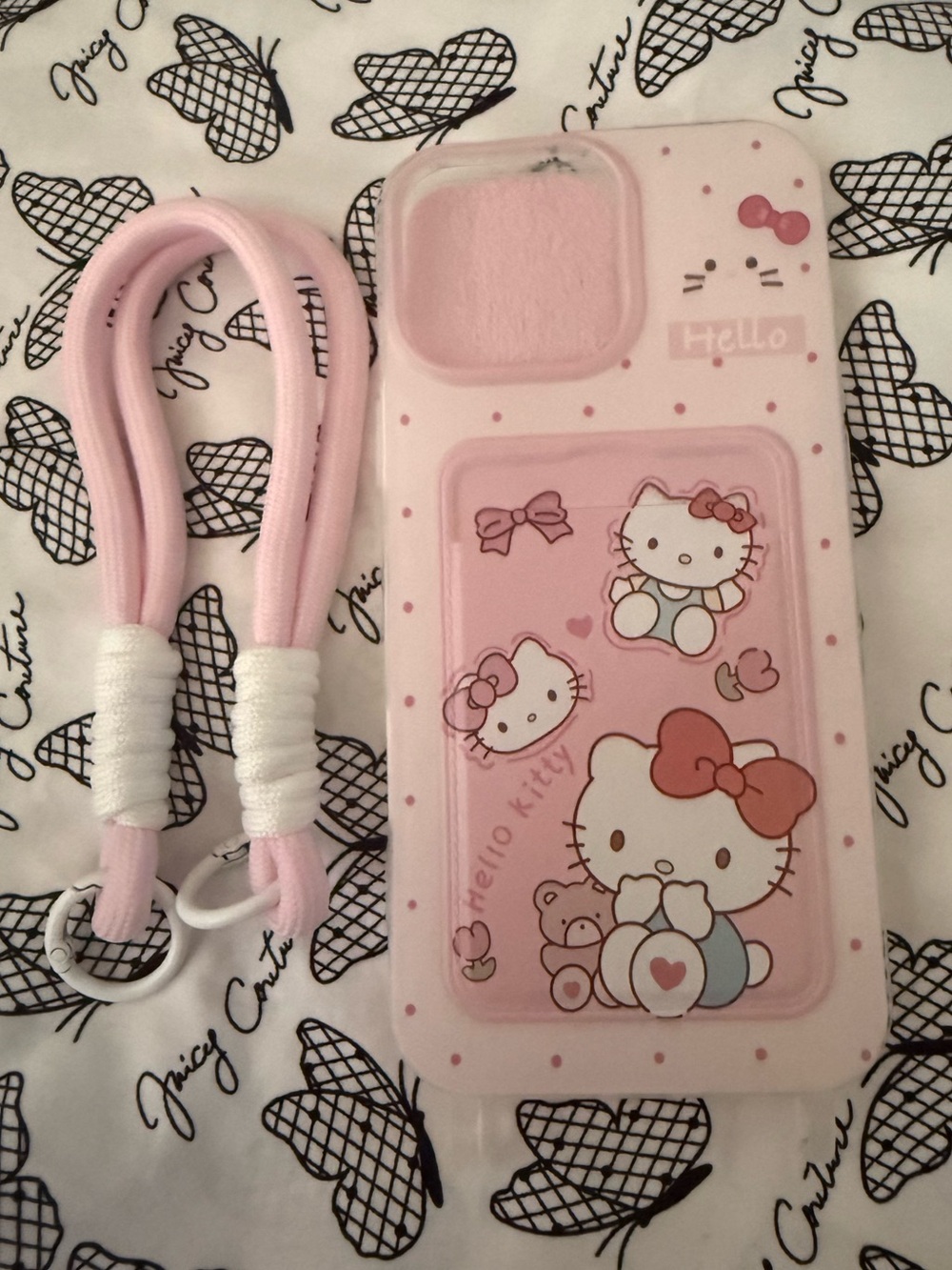 Hello Kitty Pink Silicone Phone Case with Wrist Strap and Card Pocket